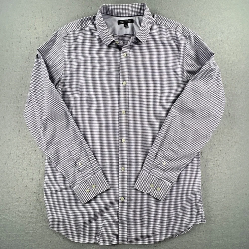 Banana Republic Mens XL Purple Check Non-Iron Tailored Slim Fit Dress Shirt LS